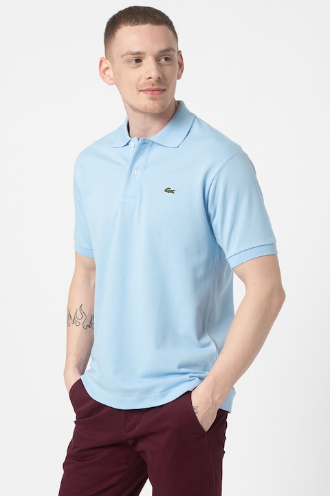 Lacoste, Тениска от пике с яка и бродирано лого, Светло синьо