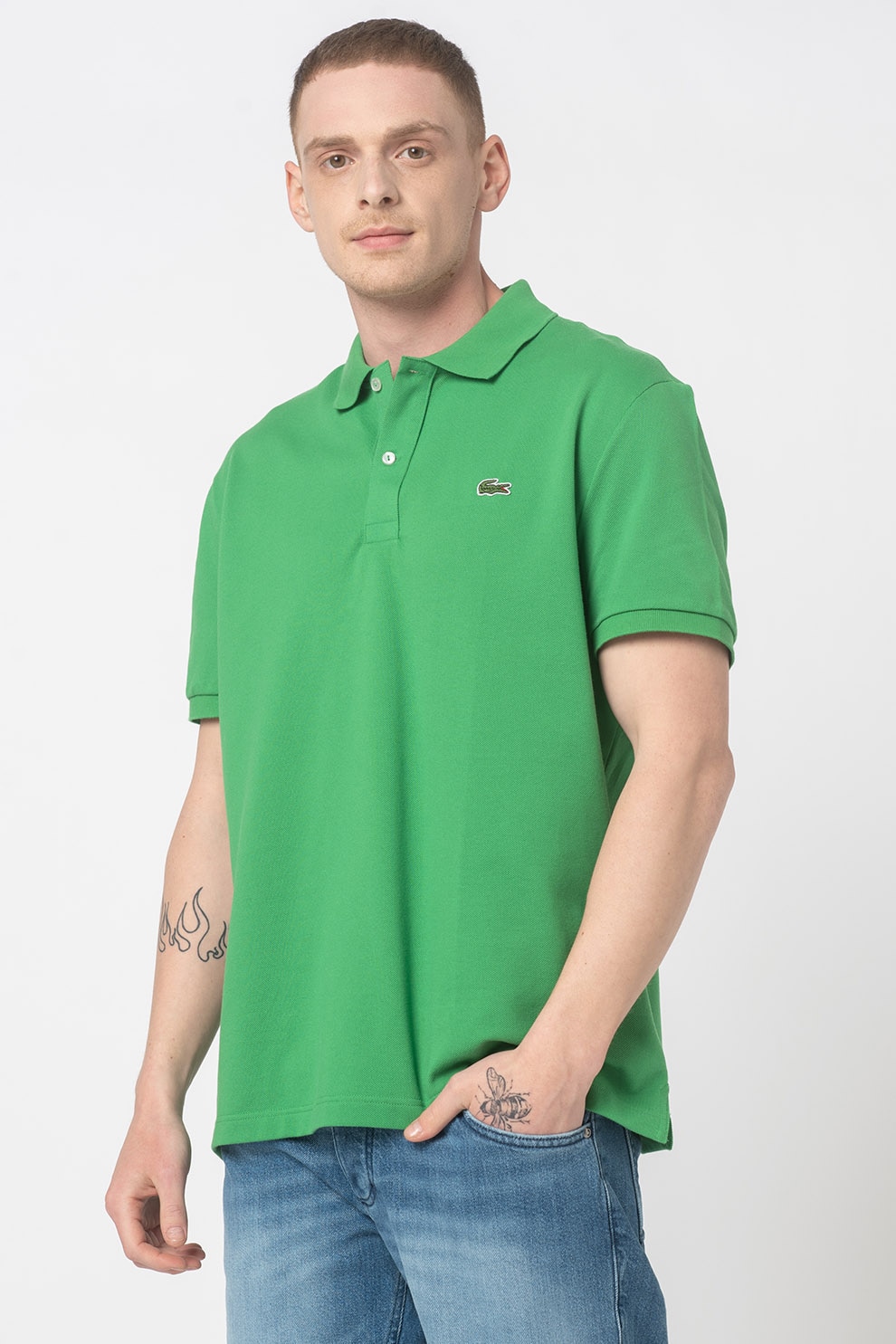 Lacoste, Tricou polo slim fit de bumbac cu aspect pique, Verde/Alb