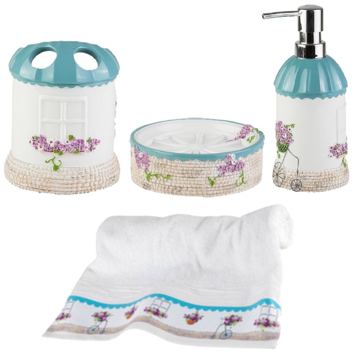 Set Accesorii de Baie, BODRUM, Alb Turcuaz, 4 Piese