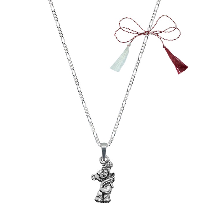 Martisor Lantisor argint personalizat pandantiv Ursulet floare 9561FIG31400 Dras 60 cm Argintiu