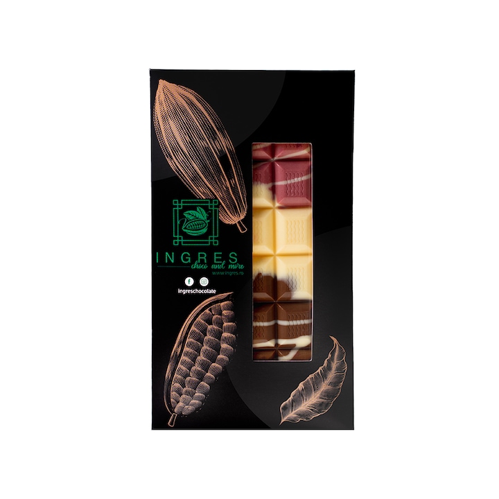 Tableta artizanala din ciocolata belgiana Ingres multicolora, cu ciocolata alba, cu lapte si ciocolata ruby, 110g