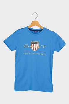 Gant, Tricou de bumbac organic cu imprimeu logo, Albastru/Rosu/Alb