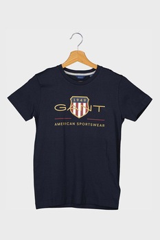Gant, Tricou de bumbac organic cu imprimeu logo, Bleumarin inchis/Alb/Rosu