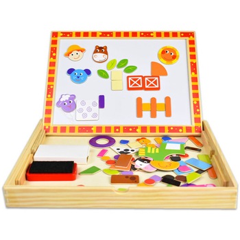 Puzzle magnetic din lemn 2 in 1 cu diverse figurine animale, are 85 de piese, se poare scrie si cu creta pe tabla Puzzle magnetic din lemn 2 in 1 cu diverse figurine animale, are 85 de piese, se poare scrie si cu creta pe tabla