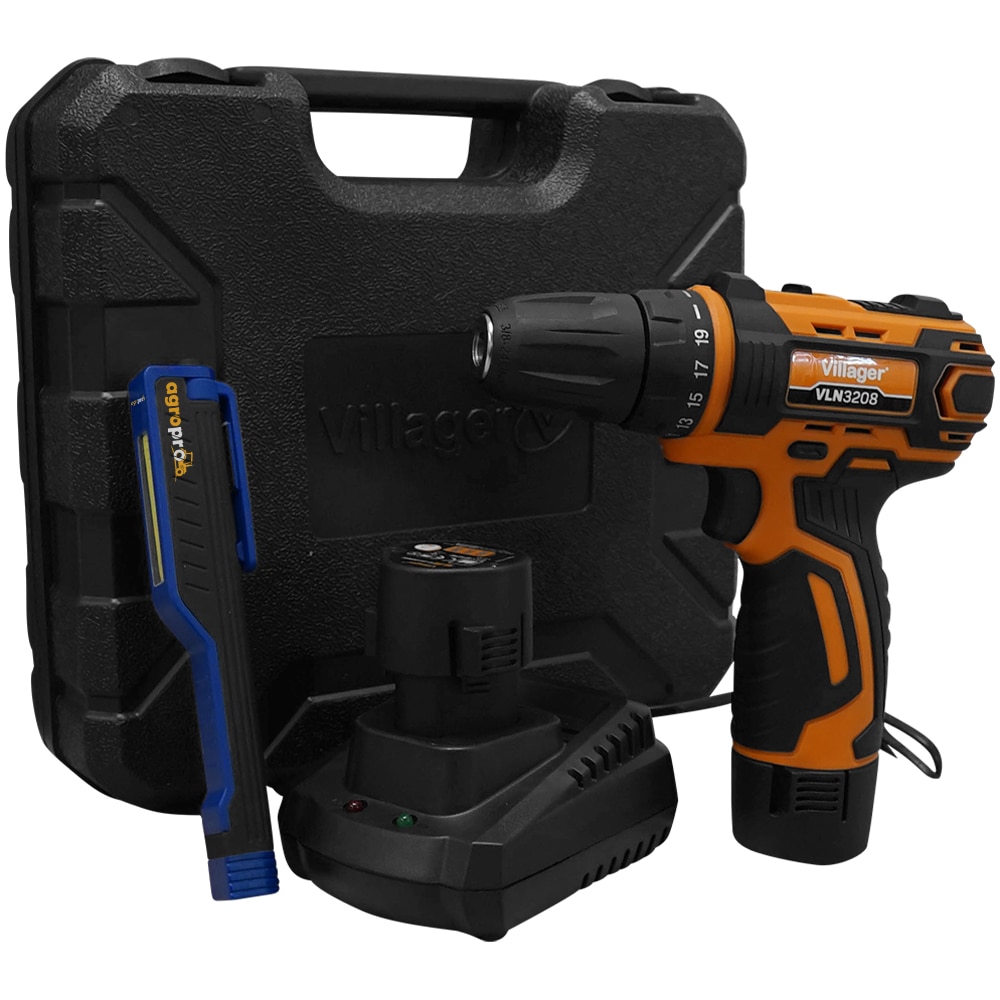 Masina de gaurit/insurubat cu acumulator Villager VLN 3208, turatie 1300 rpm, 12 biti, 2 acumulatoare 1.5 Ah, lanterna LED magnetica AgroPro