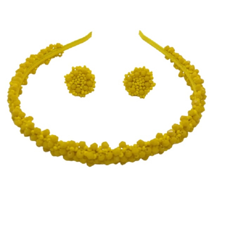 Set cordeluta si cercei cu cristale de sticla si margele Preciosa , Galben , cusute manual