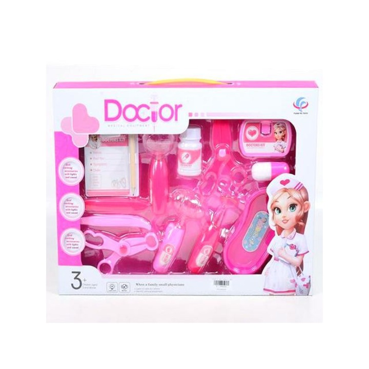 Magic Toys 382869 Pink orvosi játékszett ollóval, kórlappal és kiegészítőkkel