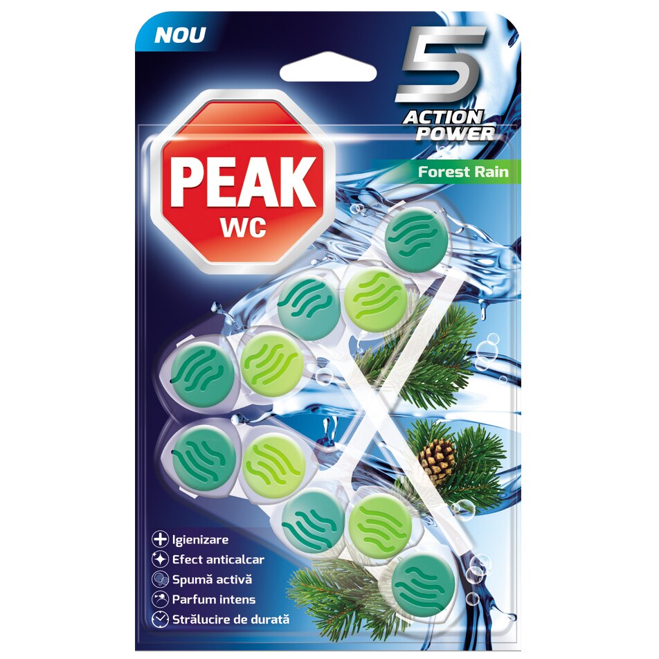 Odorizant pentru vasul de toaleta Peak WC 5 Action Power, Forest Rain, 2x50 g