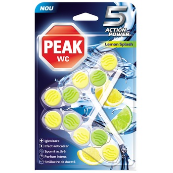 Odorizant pentru vasul de toaleta Peak WC 5 Action Power, Lemon Splash, 2x50 g Odorizant pentru vasul de toaleta Peak WC 5 Action Power, Lemon Splash, 2x50 g