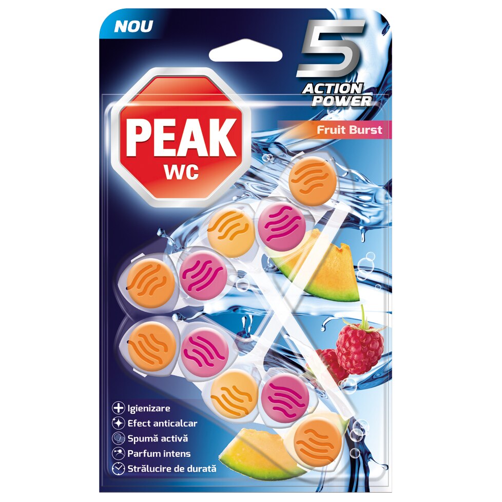 Odorizant pentru vasul de toaleta Peak WC 5 Action Power, Fruit Burst, 2x50 g