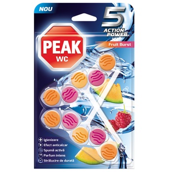 Odorizant pentru vasul de toaleta Peak WC 5 Action Power, Fruit Burst, 2x50 g Odorizant pentru vasul de toaleta Peak WC 5 Action Power, Fruit Burst, 2x50 g