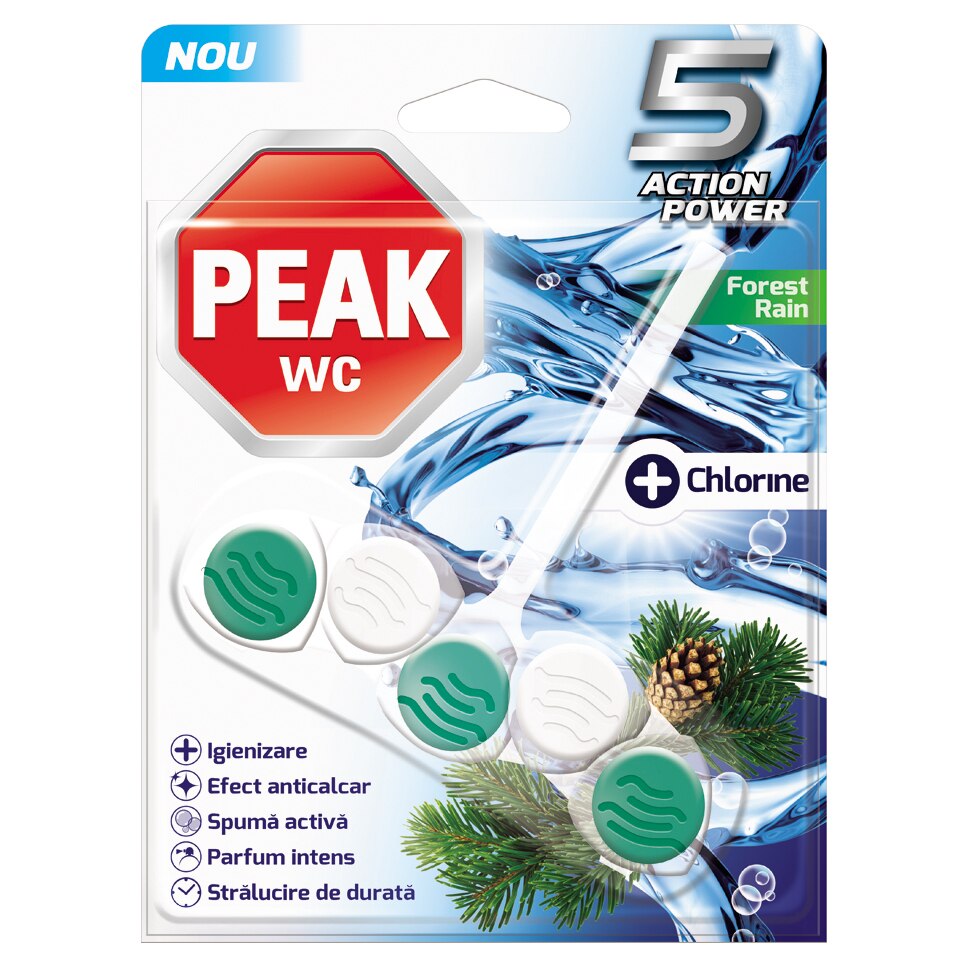 Odorizant pentru vasul de toaleta Peak WC 5 Action Power, Forest Rain Chlorine, 50 g
