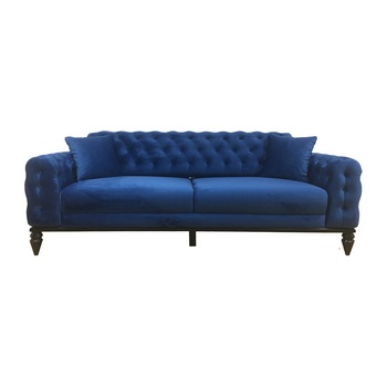 Canapea fixa JASMINE, MobAmbient, Albastra, material textil, structura lemn masiv, stofa catifelata, spatar si brate tip Chesterfield, picioare lemn masiv elegante, 2 perne incluse, 225 x 95 cm Canapea fixa JASMINE, MobAmbient, Albastra, material textil, structura lemn masiv, stofa catifelata, spatar si brate tip Chesterfield, picioare lemn masiv elegante, 2 perne incluse, 225 x 95 cm