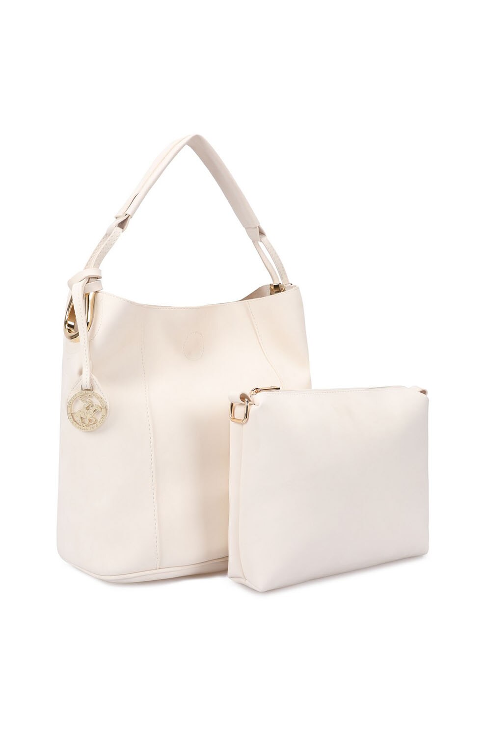 Beverly Hills Polo Club, Geanta de piele ecologica cu bareta si etui detasabil, Alb prafuit