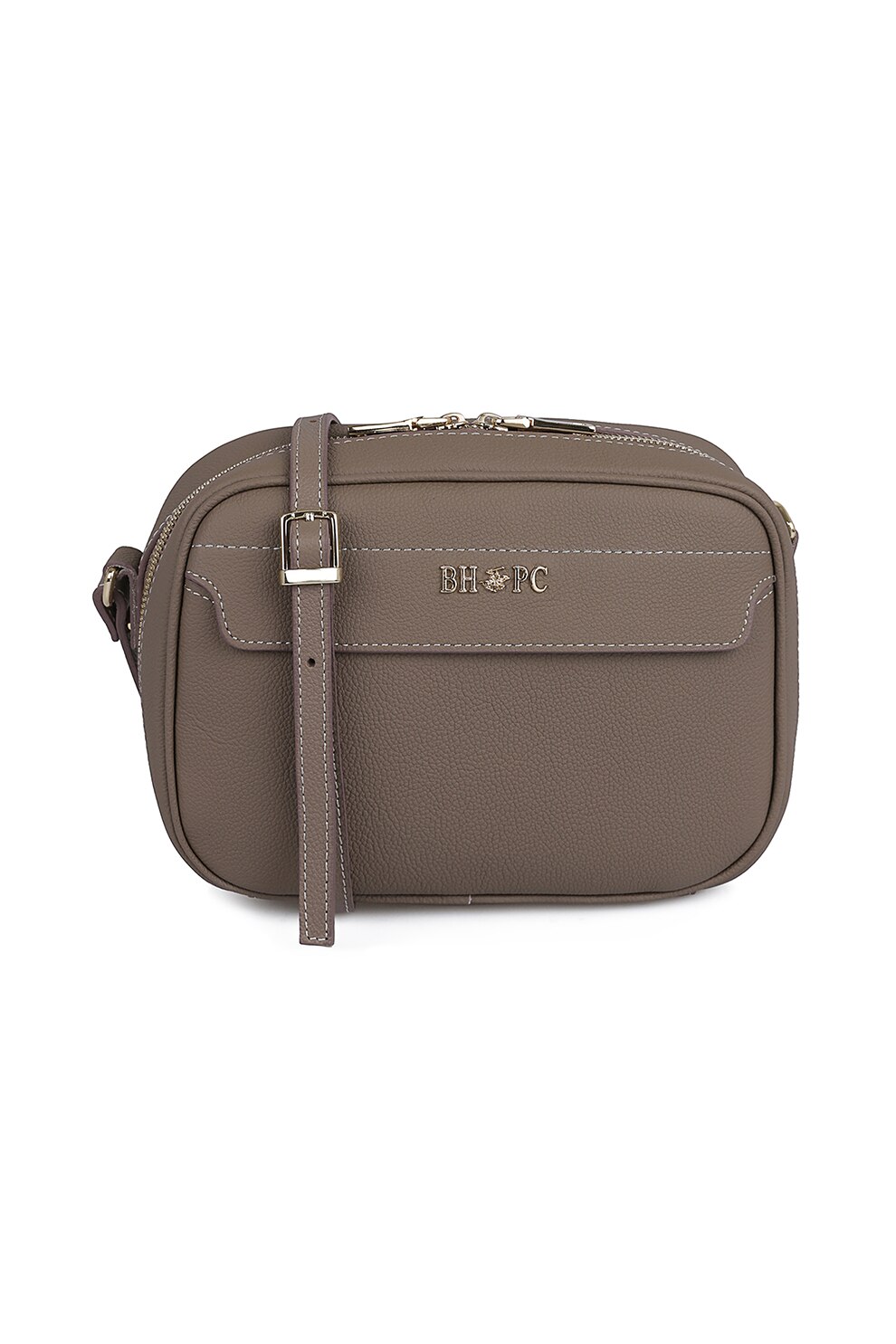 Beverly Hills Polo Club, Geanta de piele ecologica cu bareta si aplicatie logo metalica, Grej