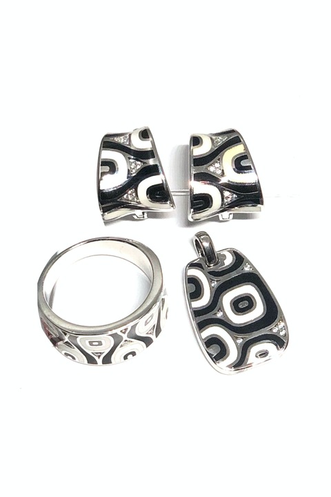 Set din argint, cercei si inel, alb-negru