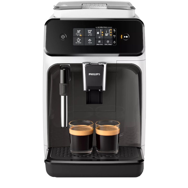 Кафеавтомат Philips EP1223/00 Seria 1200, 15 bar, 1500W, Класическа система за разпенване, 2 напитки, Тактилен дисплей, Опция за 2 чаши, 12 настройки за смилане, Керамична мелничка, Бял