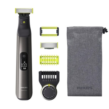 Aparat hibrid de barbierit, tuns barba si parul corporal Philips OneBlade Pro QP6550/30, pieptene cu 14 lungimi, pieptene corp, accesoriu de protectie, reincarcabil, autonomie 120 min, umed si uscat, lama inlocuibila, husa, Crom Aparat hibrid de barbierit, tuns barba si parul corporal Philips OneBlade Pro QP6550/30, pieptene cu 14 lungimi, pieptene corp, accesoriu de protectie, reincarcabil, autonomie 120 min, umed si uscat, lama inlocuibila, husa, Crom