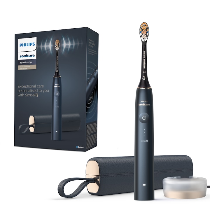 Ел. четка за зъби с ултразвук Philips Prestige 9900 HX9992/12, 62000 движения/мин, Технология SenseIQ, Приложение Sonicare с изкуствен интелект, Wireless Bluetooth, Интегрирани сензори, 5 персонализирани режима, 1 глава за четка, Син
