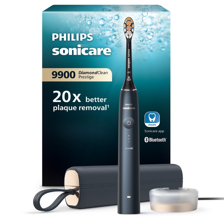 Periuta electrica sonica Philips Prestige 9900 HX9992/12, 62000 miscari/minut, tehnologie SenseIQ, aplicatie Sonicare cu inteligenta artificiala, wireless Bluetooth, senzori integrati, 5 moduri personalizabile, 1 cap de periere, Albastru