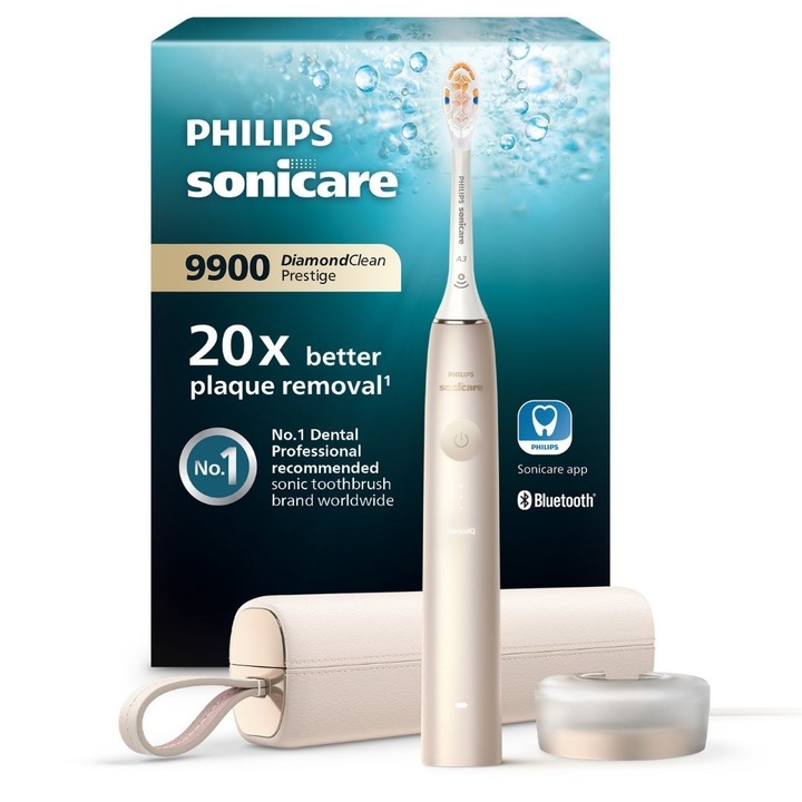 Periuta electrica sonica Philips Prestige 9900 HX9992/11, 62000 miscari/minut, tehnologie SenseIQ, aplicatie Sonicare cu inteligenta artificiala, wireless Bluetooth, senzori integrati, 5 moduri personalizabile, 1 cap de periere, Champagne