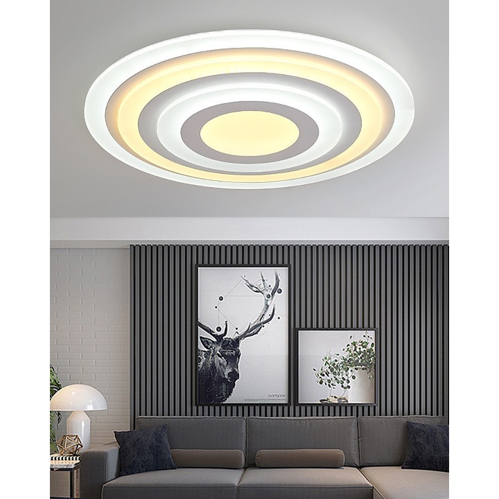 Lustra LED integrat Circle , SLC Selino Concept , 80-160W , cu aplicatie telefon , telecomanda , lumina calda/neutra/rece , intensitate reglabila, 50 cm, Alb, clasa energetica G