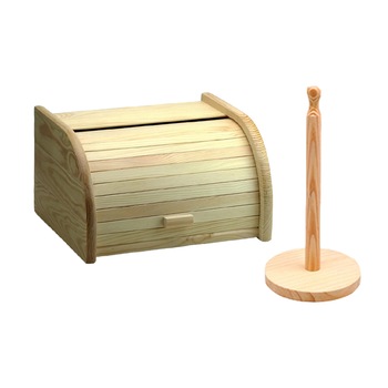 Set cutie de paine si suport pentru rola de bucatarie din lemn Set cutie de paine si suport pentru rola de bucatarie din lemn