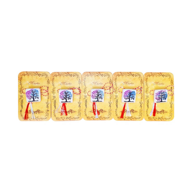 Set 5 bucati martisoare din portelan,Martisor Romanesc,Decor Pomul cu flori,Multicolor