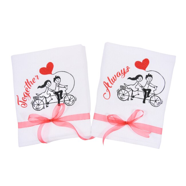 Set 2 prosoape baie brodate, My Way, Indragostiti pe Bicicleta, Alb, 100% bumbac, 50 x 90 cm