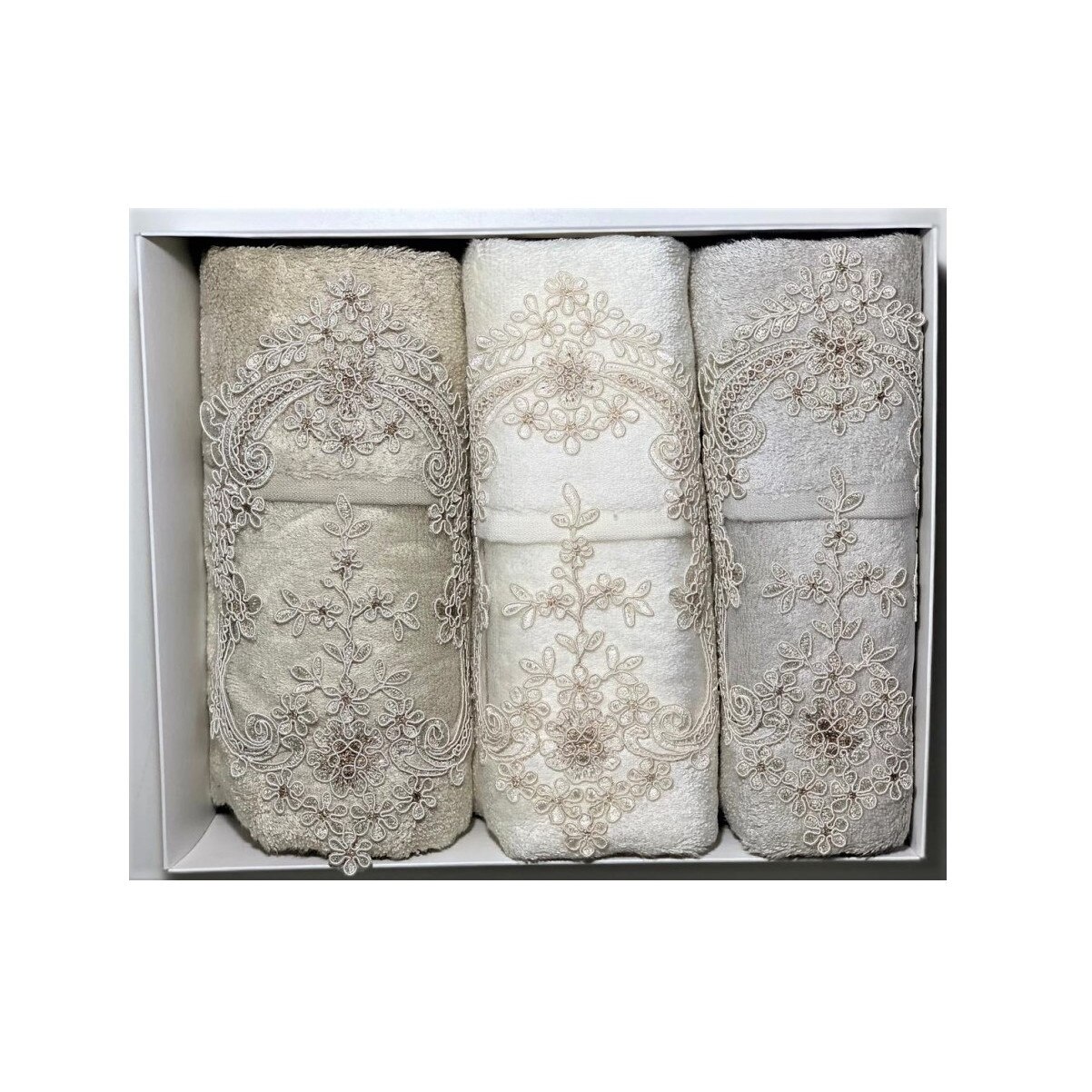 Set 3 prosoape bambus cu broderie 50x90 cm , Bahar, Bej/Crem/Gri