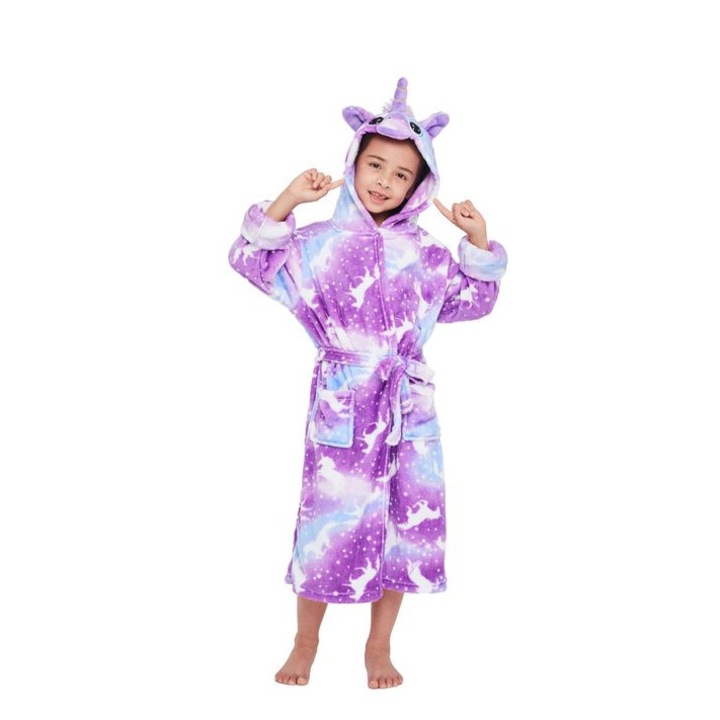 Детски халат за баня модел Еднорог, с щампа лилаво конче, възраст 9-10 години