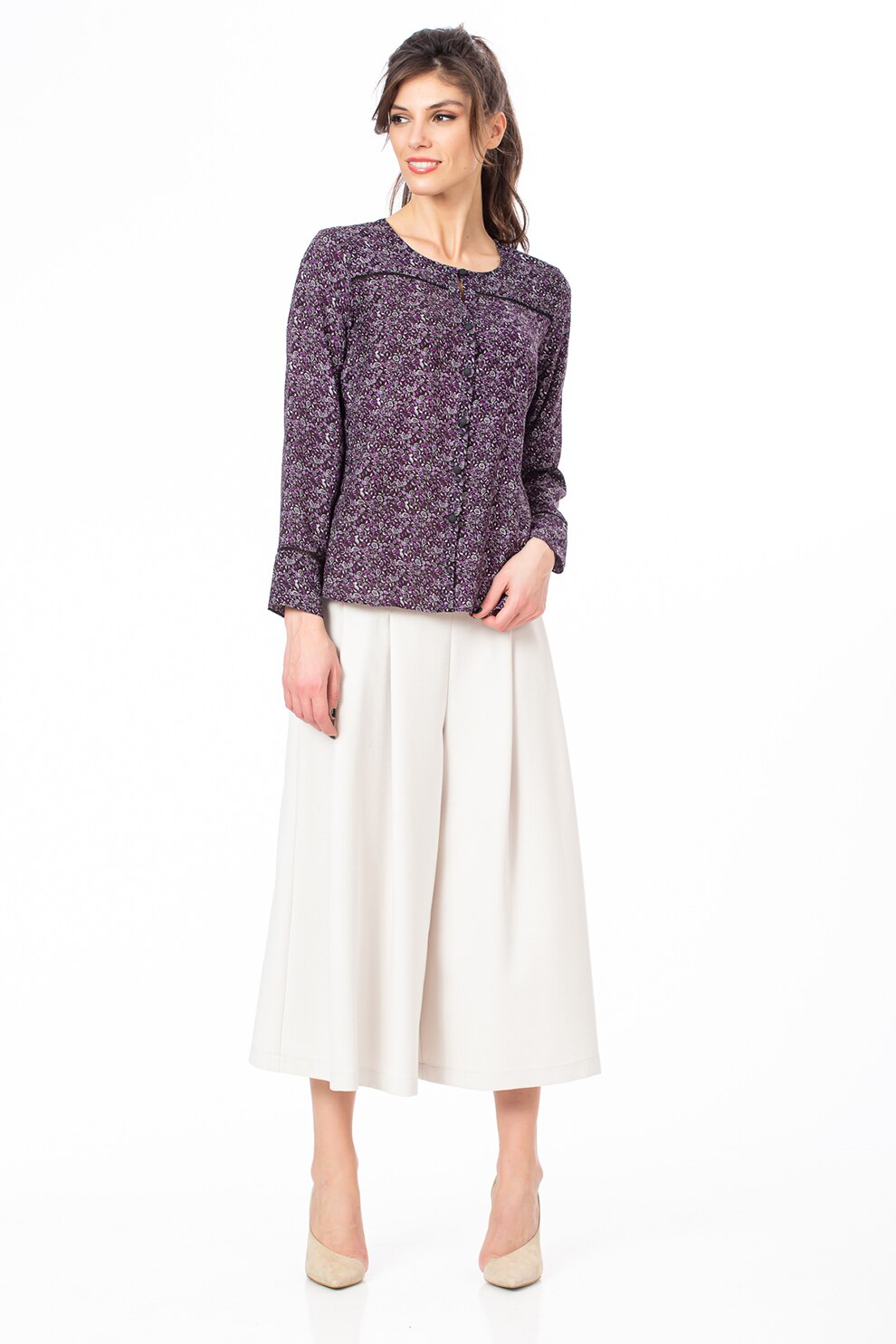 Sense, Bluza cu model si nasturi, Violet/Alb, 3XL