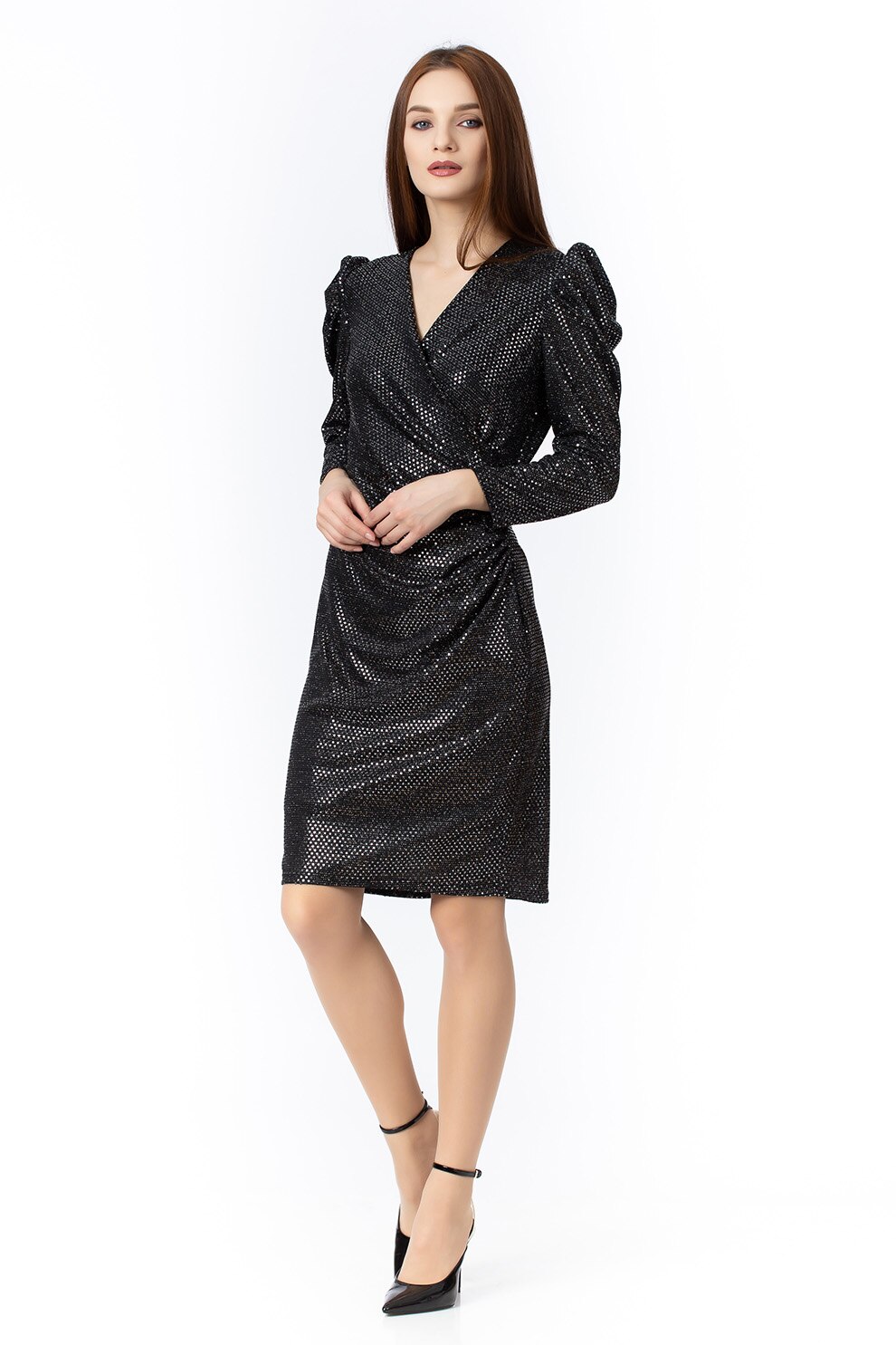 Sense, Rochie stralucitoare cu umeri bufanti, Negru/Argintiu