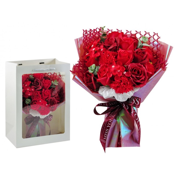 BoxEnjoy - Szappanrózsa virágcsokor dísztasakban piros