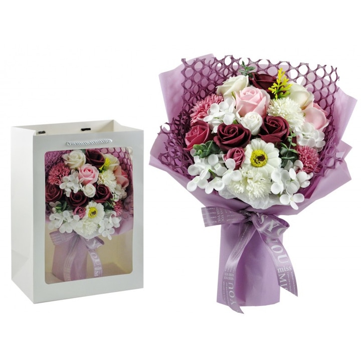 BoxEnjoy - Szappanrózsa virágcsokor dísztasakban lila