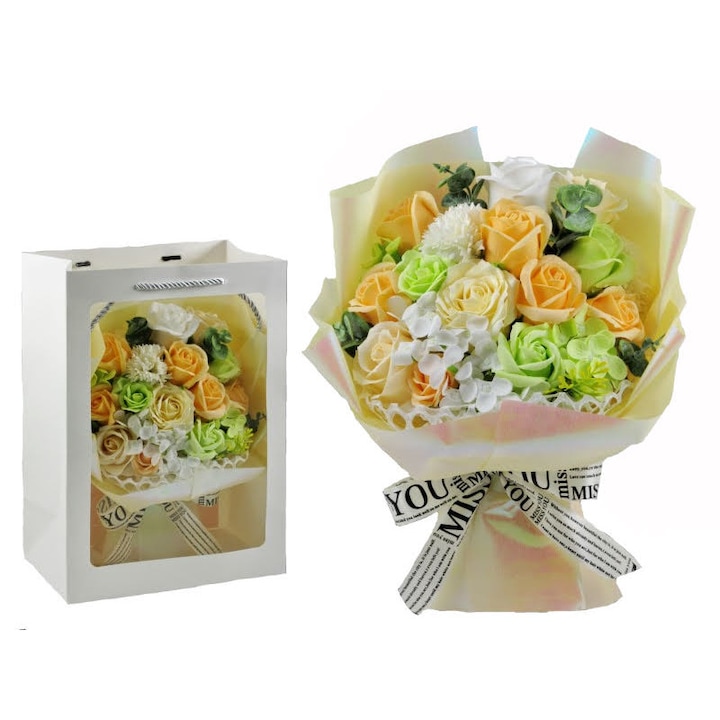 BoxEnjoy - Szappanrózsa virágcsokor dísztasakban krémszínű