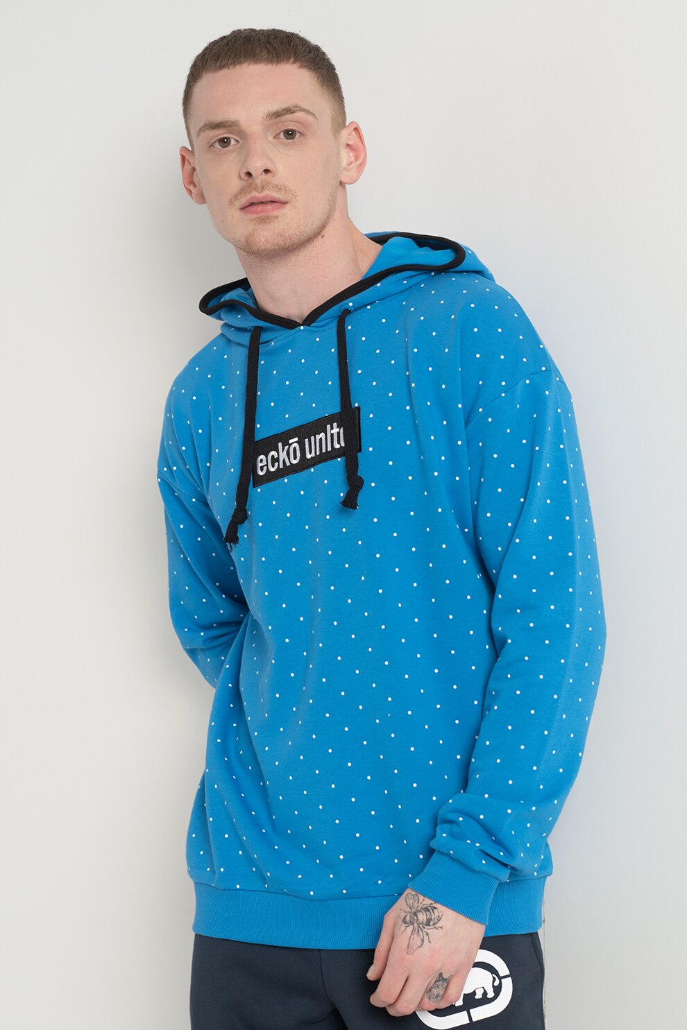 Ecko, Hanorac cu maneci cazute si imprimeu cu buline Chicago, Albastru/Alb/Negru, M