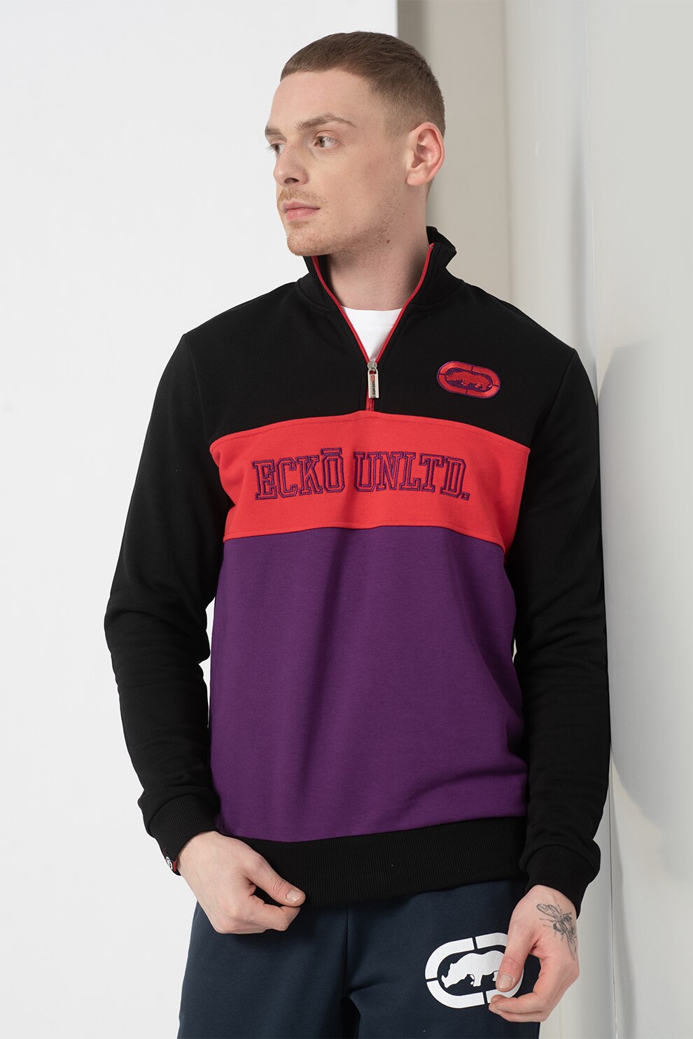 Ecko, Bluza sport regular fit cu fenta cu fermoar Luis, Negru/violet ametist/roz corai