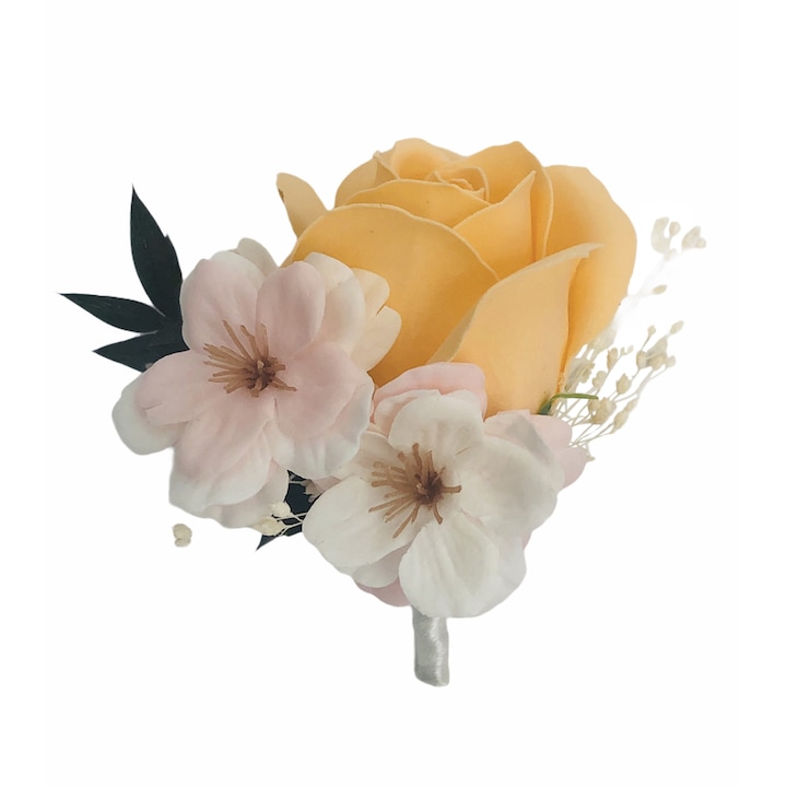 Floare de piept personalizabila, Cocarda, Eventissimi, Trandafir Somon si 2 Flori de cires Roze