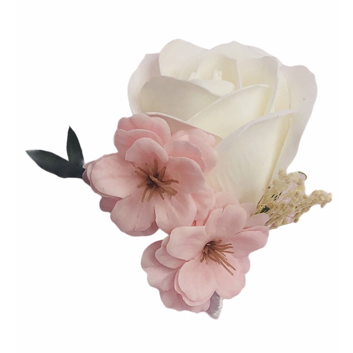 Floare de piept personalizabila, Cocarda, Eventissimi, Trandafir Alb si 2 Flori de cires Roz