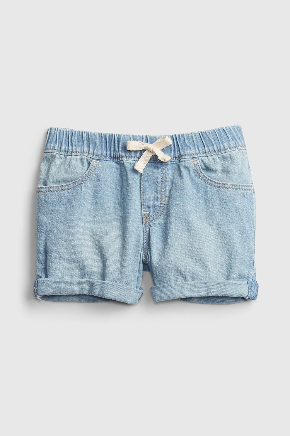 GAP, Pantaloni scurti de denim cu snur in talie, Bleu/Alb prafuit