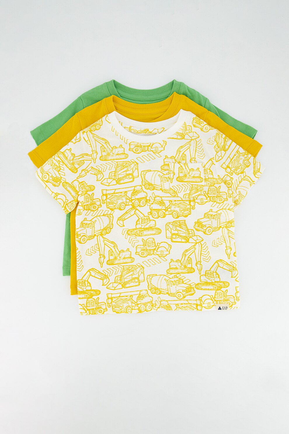 GAP, Set 3 tricouri cu buzunar pe piept, baieti, cu imprimeu si uni, Rosu/Oranj/Gri, Galben/Verde/Alb