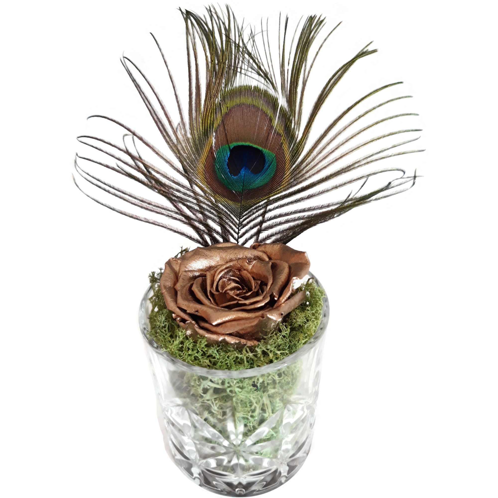 Aranjament cu trandafir criogenat auriu in pahar de whisky