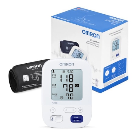 Tensiometru automat OMRON M3 Comfort model 2020 cu manseta de brat IntelliWrap, Adaptor Inclus, Afisaj LCD, Functie de memorare pentru 2 utilizatori, Alb