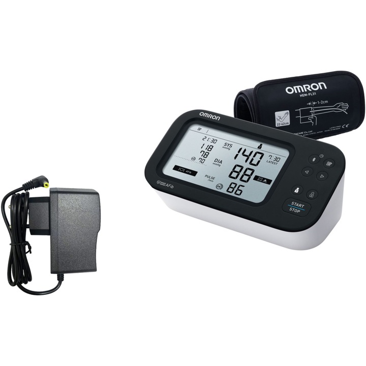 Комплект OMRON M7 IT AFib, С автоматичен апарат за кръвно налягане, Технология Intellisense, Оригинален AC адаптер Omron, Бял