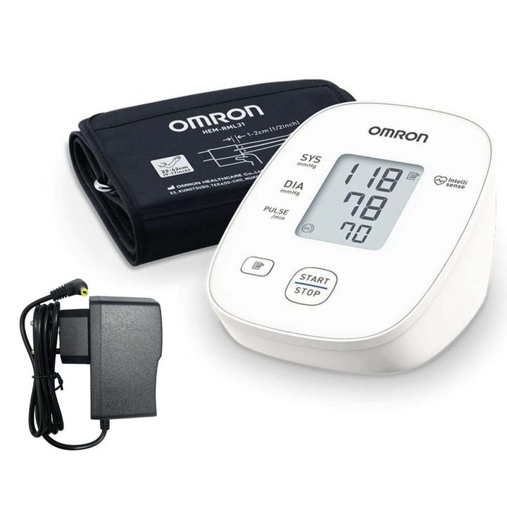 Апарат за измерване на кръвно налягане Omron M300, Технология IntelliSense, Диспей LCD, Адаптер AC, Бял