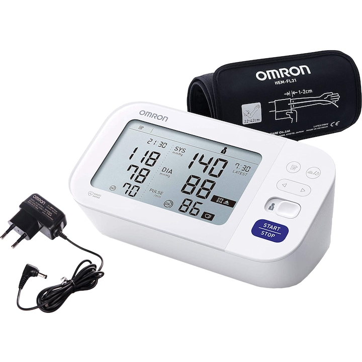 Omron M6 COMFORT 2020 Vérnyomásmérő + adapter, INTELLISENSE technológia, FibA érzékelő funkció, Klinikailag hitelesített, Fehér