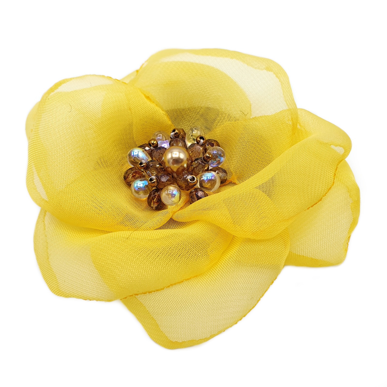 Brosa handmade, Zia Fashion, Selena, floare galbena, voal stil matase, elemente