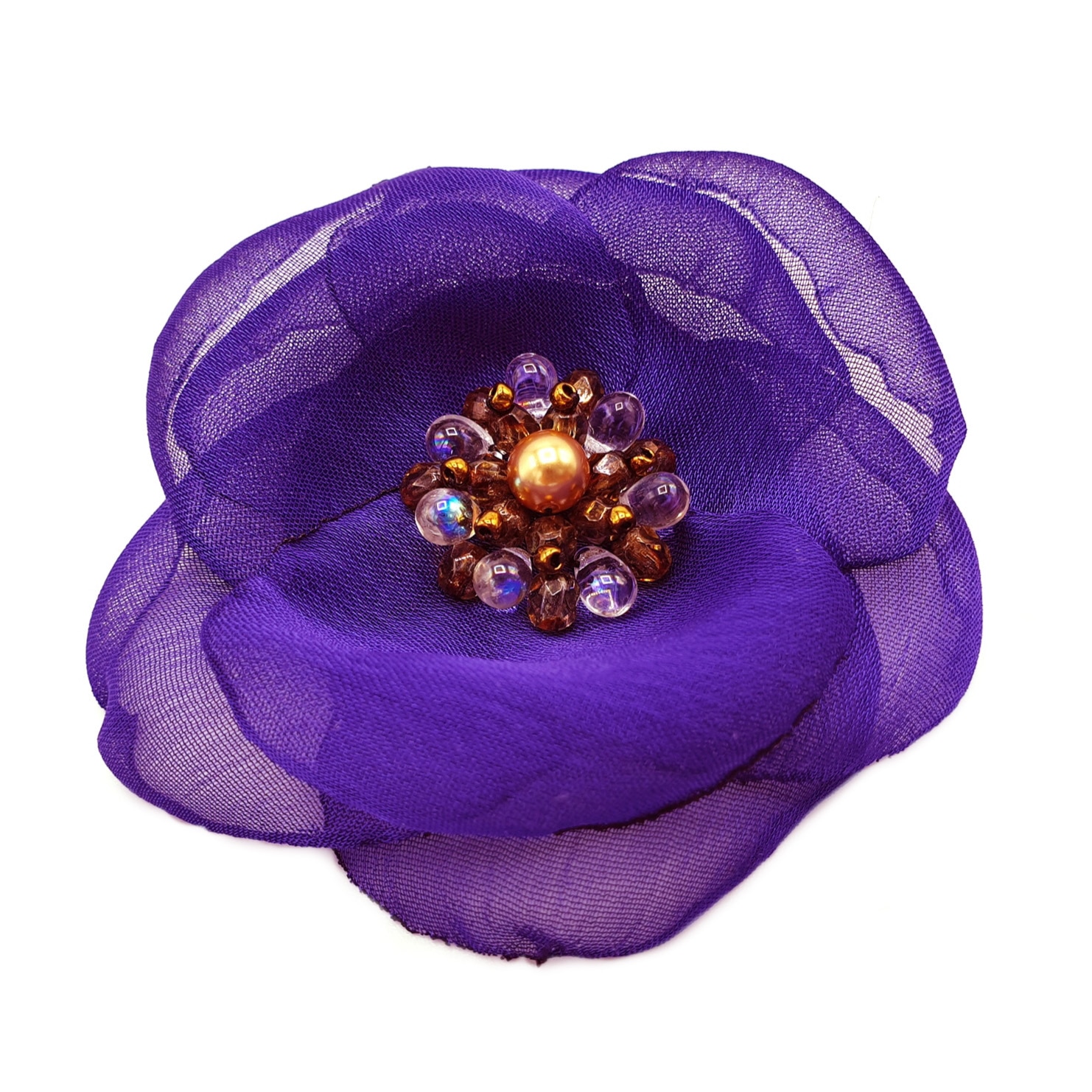 Brosa handmade, Zia Fashion, Evelina, floare mov, voal stil matase, elemente