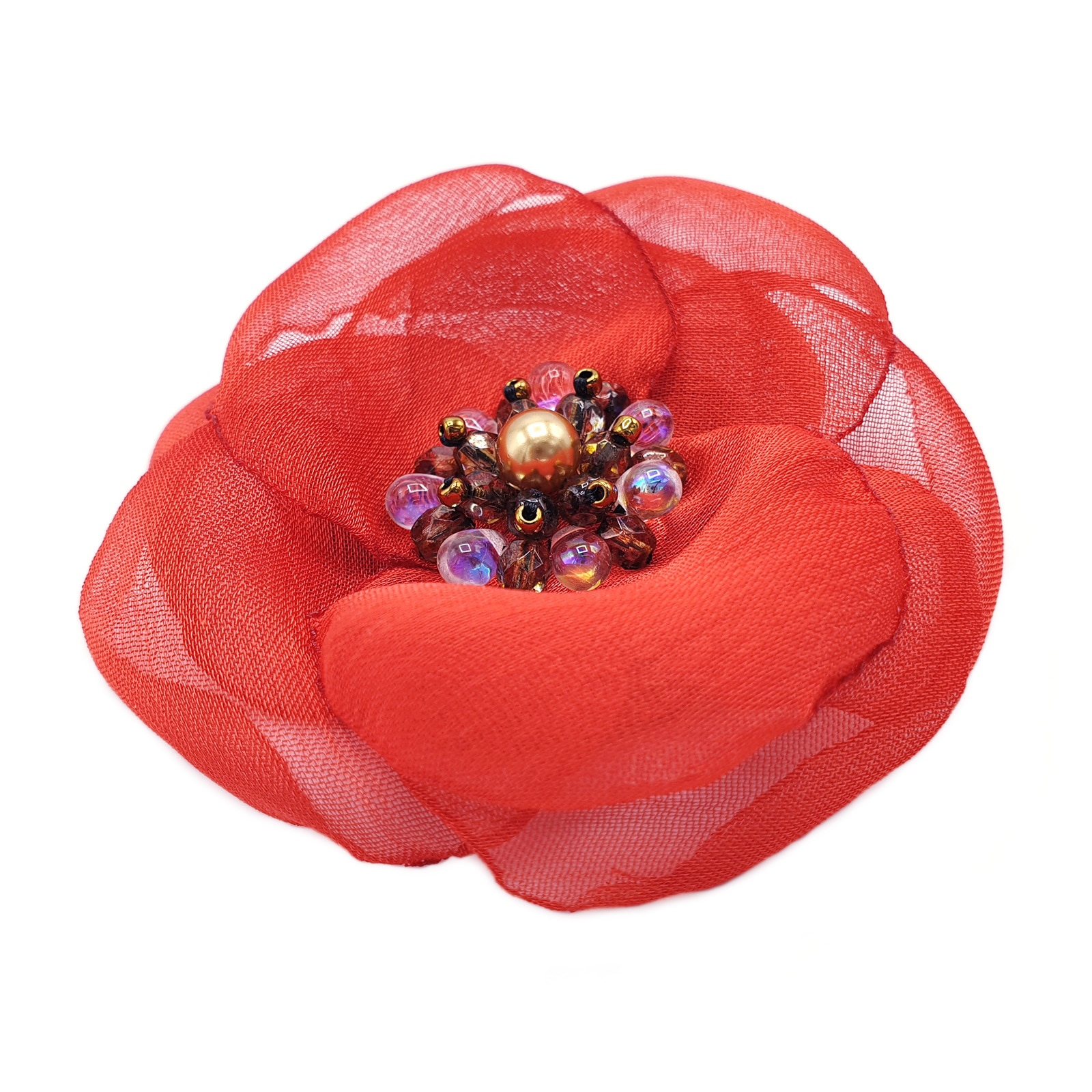 Brosa handmade, Zia Fashion, Riana, mac rosu, voal stil matase, elemente